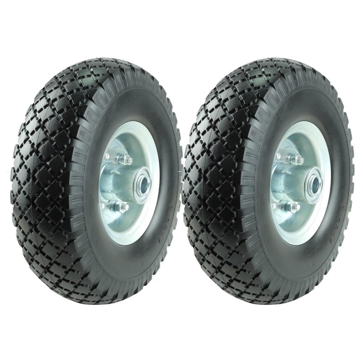 KASTFORCE front view of twin 10-inch solid rubber wheels showing ready replacement