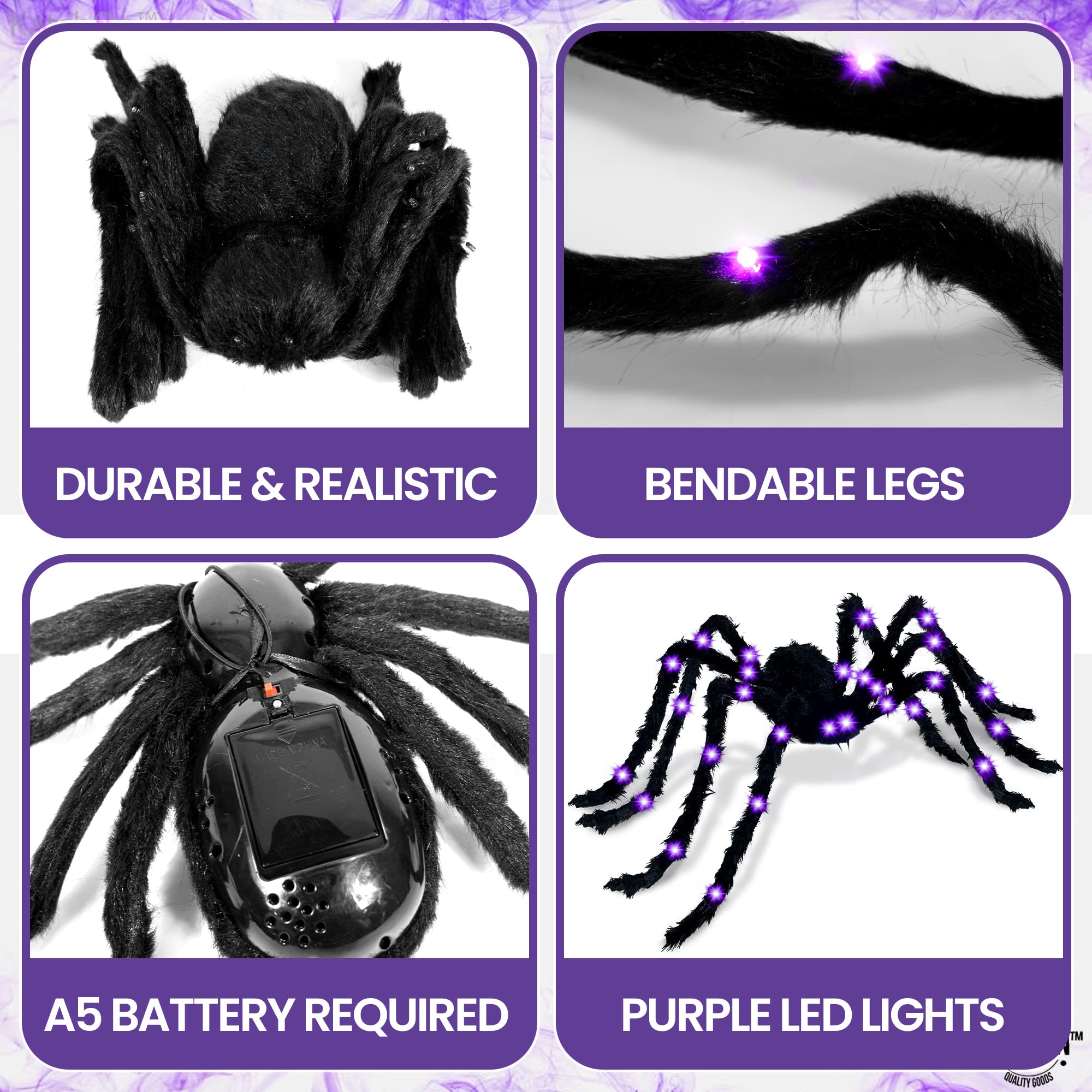 KatchOn spider illuminated with purple LEDs creating spooky glow