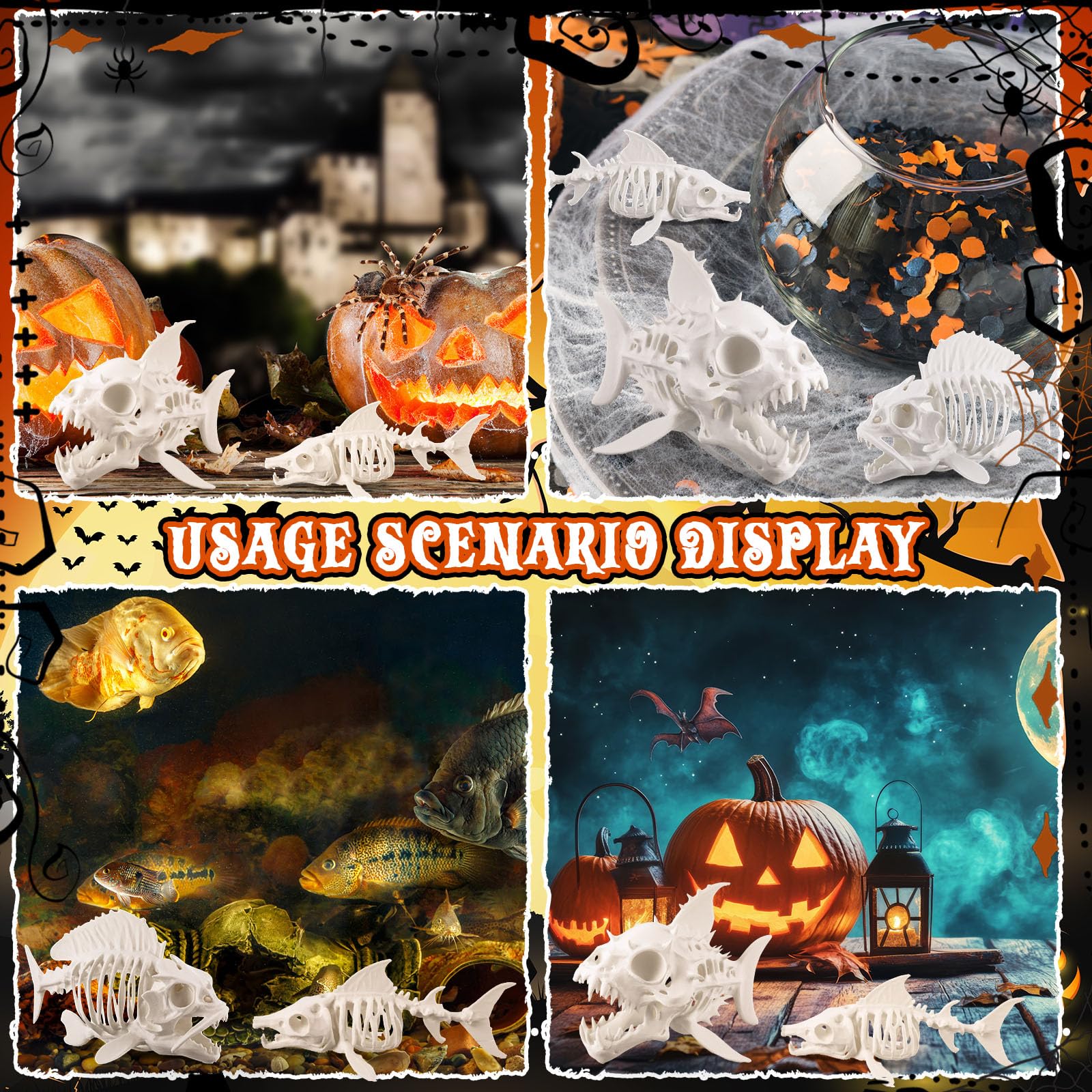 Kathfly fish skeletons hanging on fishing line to create floating haunted effect