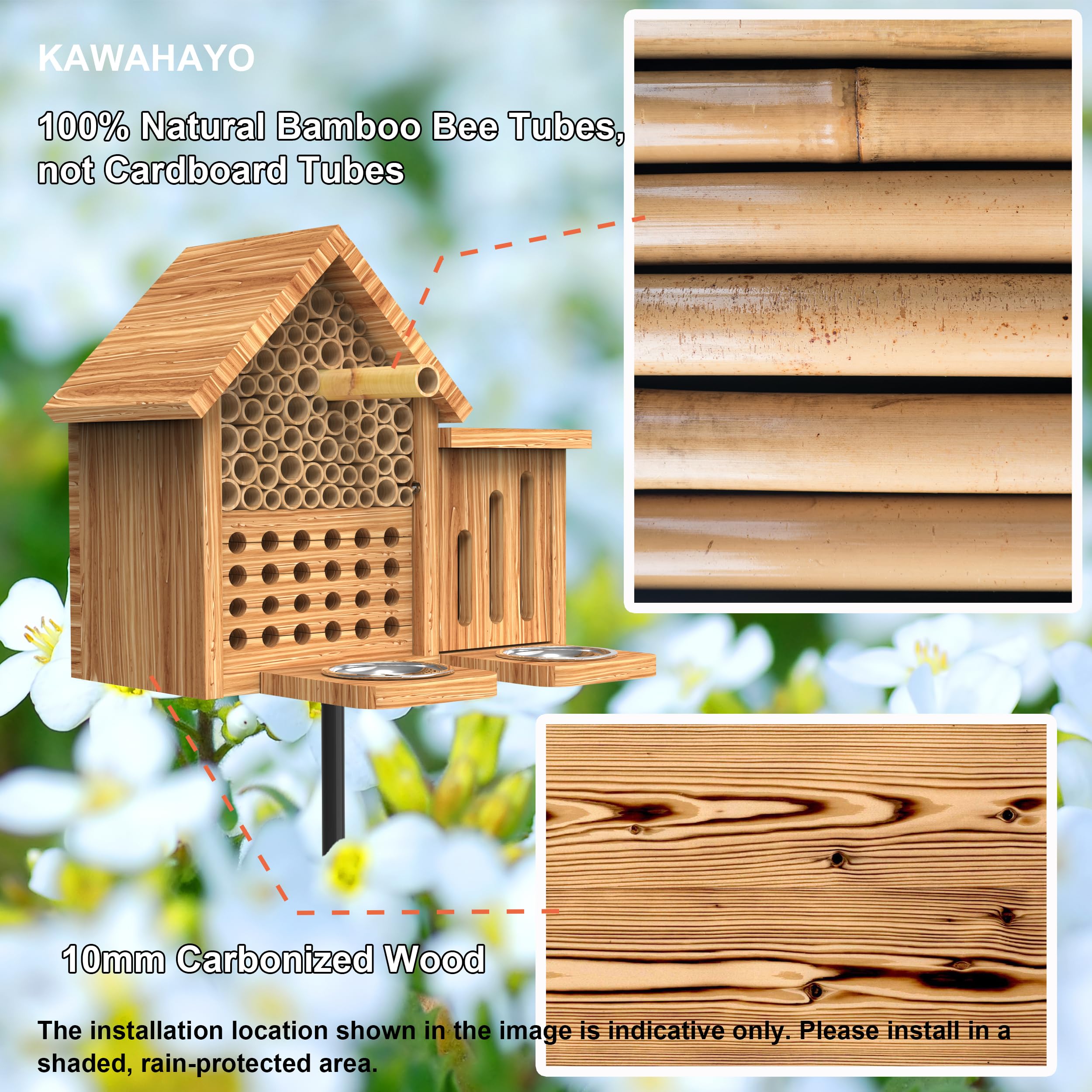 KAWAHAYO feeding trays filled with fruit and water to attract pollinators