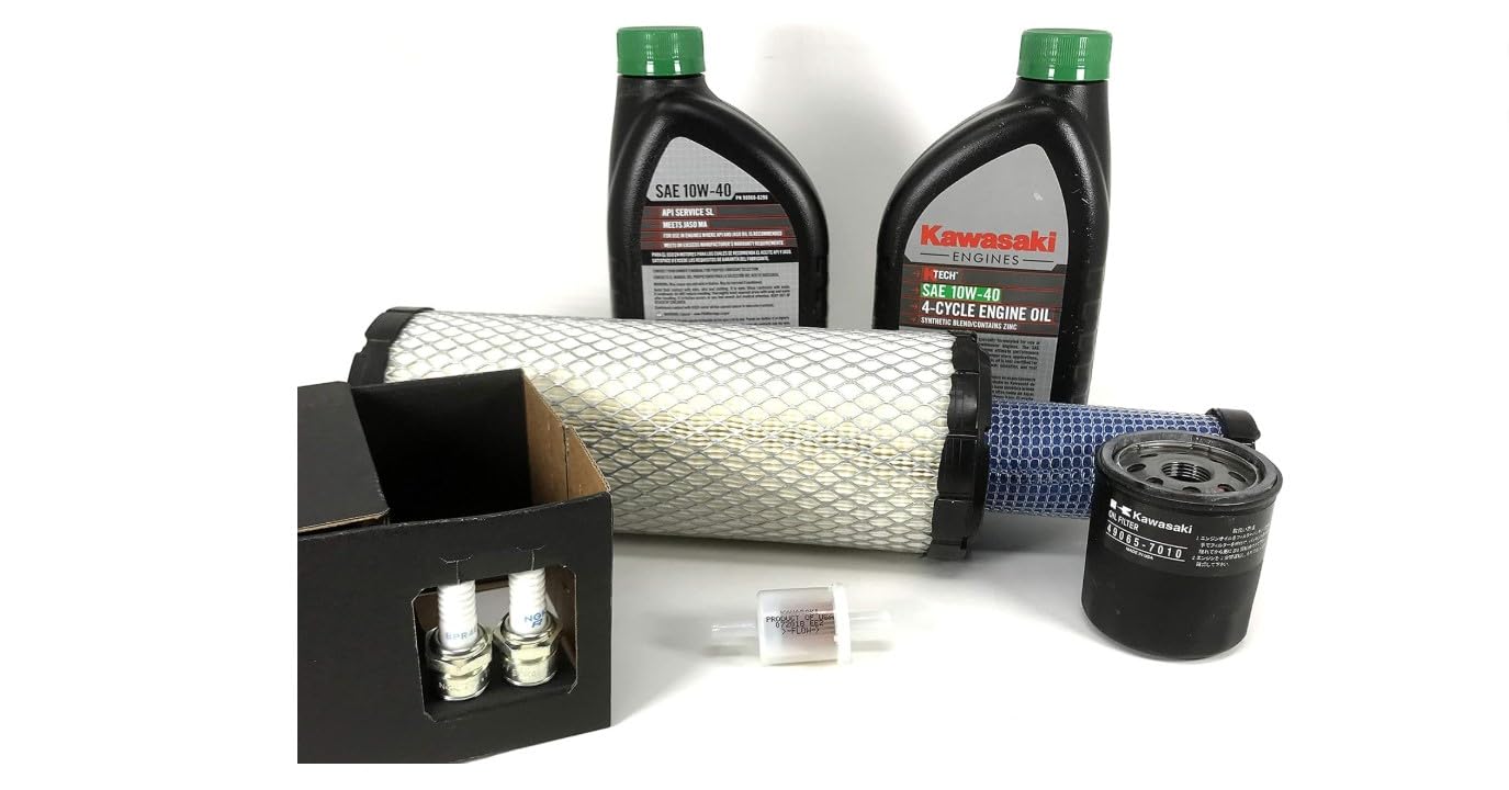Kawasaki branded 10W-40 K-Tech oil bottles showing correct viscosity benefit