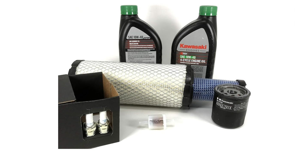 Kawasaki branded 10W-40 K-Tech oil bottles showing correct viscosity benefit