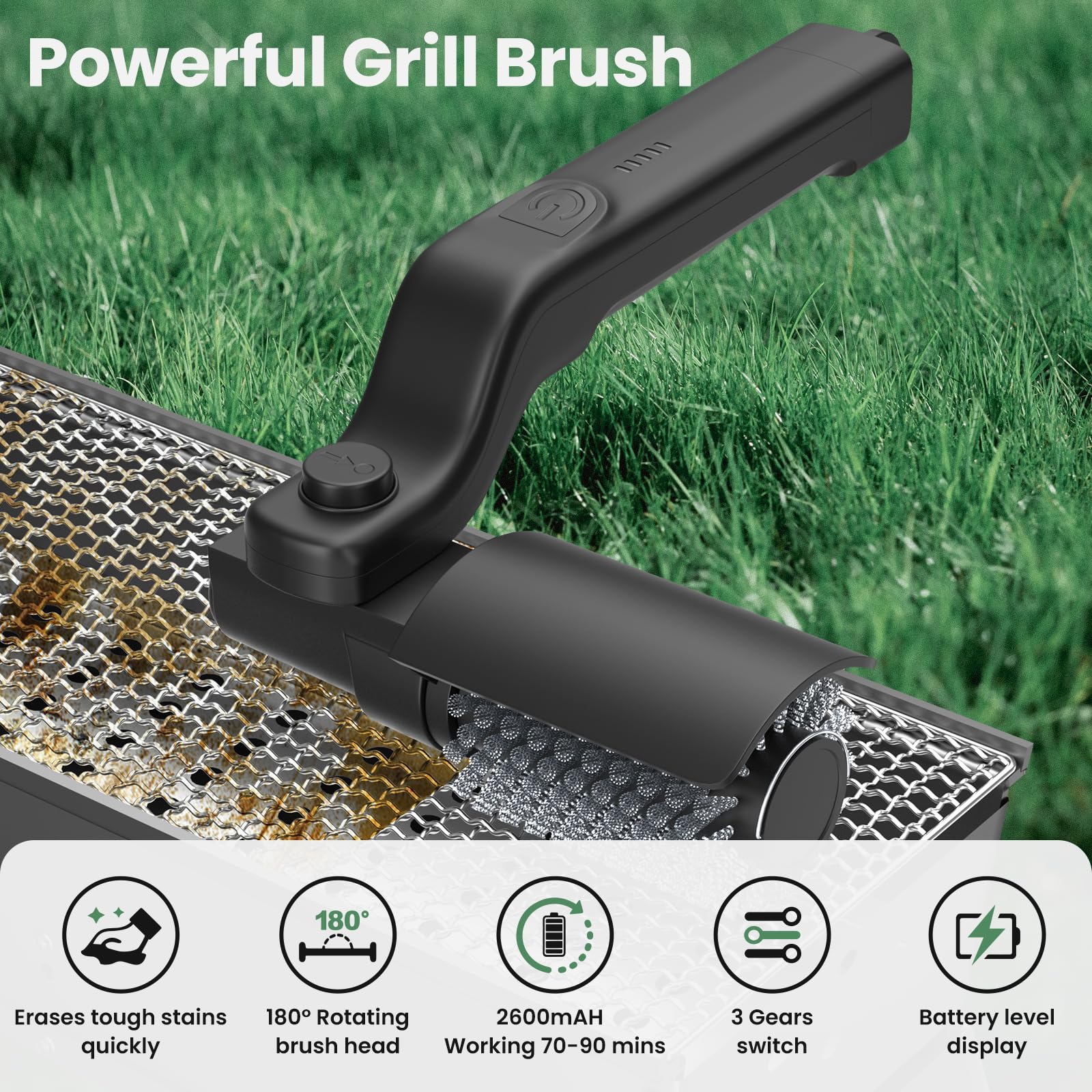 KAWBIYJ close-up of adjustable head and stainless steel bristles, durable no-shed design