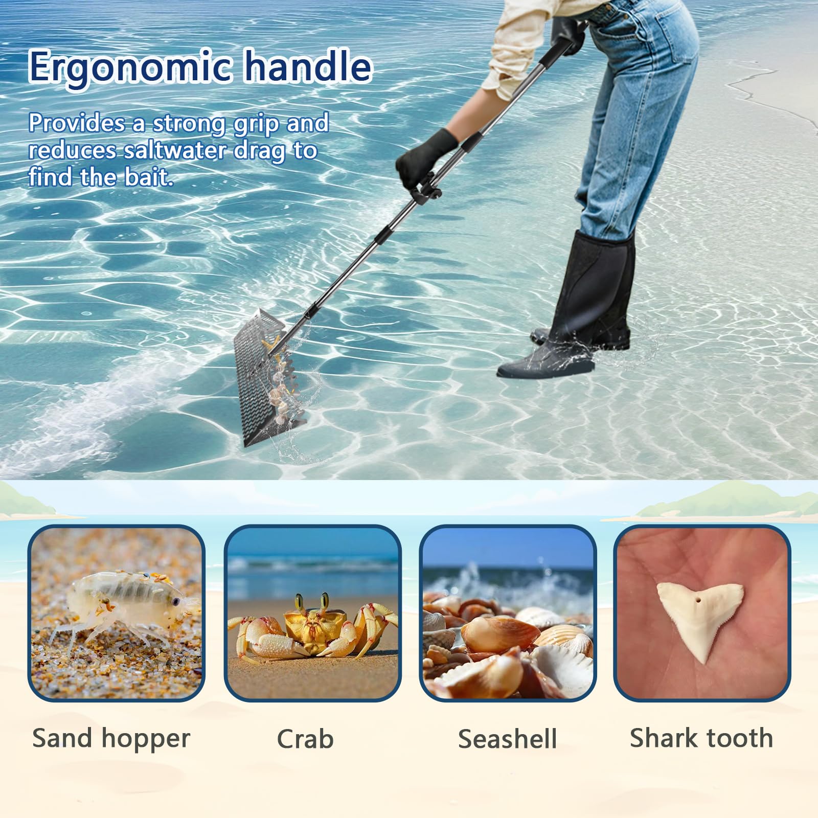 KBISHTIE rake in use on wet sand demonstrating fast shell recovery