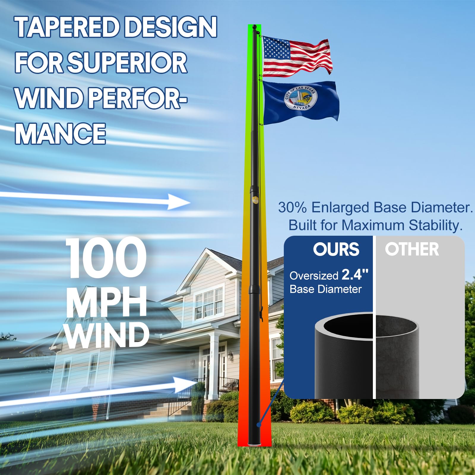 KBLOONG tapered shaft detail showing 2.4-to-1.72 inch taper improving wind resistance