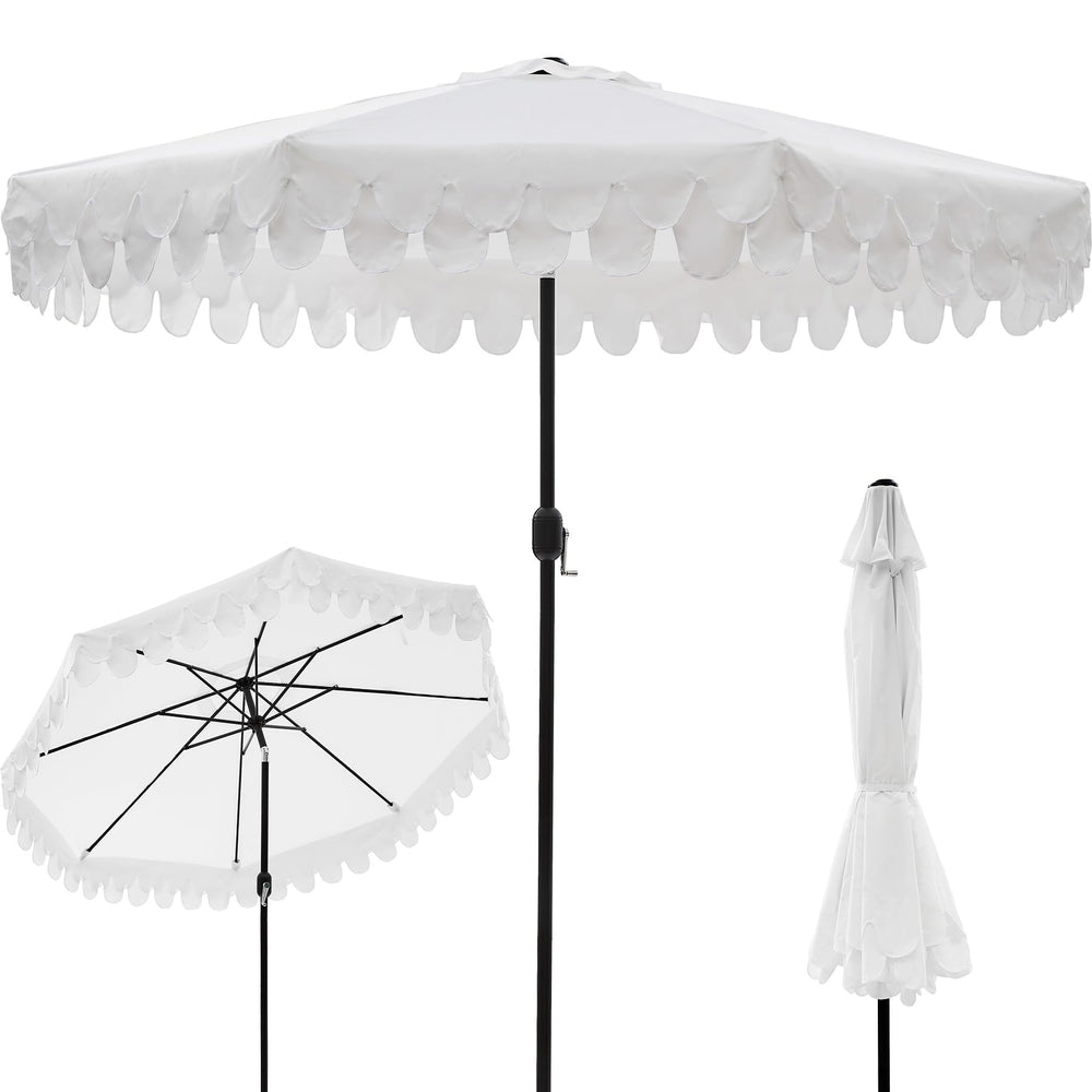 Kbrellaoutlets front view showing full 9FT canopy and scalloped trim for stylish shade