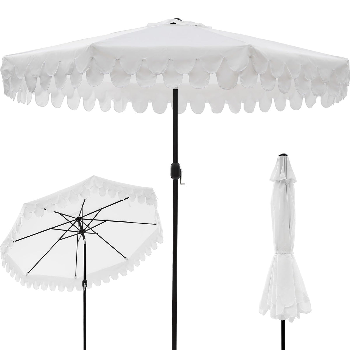 Kbrellaoutlets front view showing full 9FT canopy and scalloped trim for stylish shade