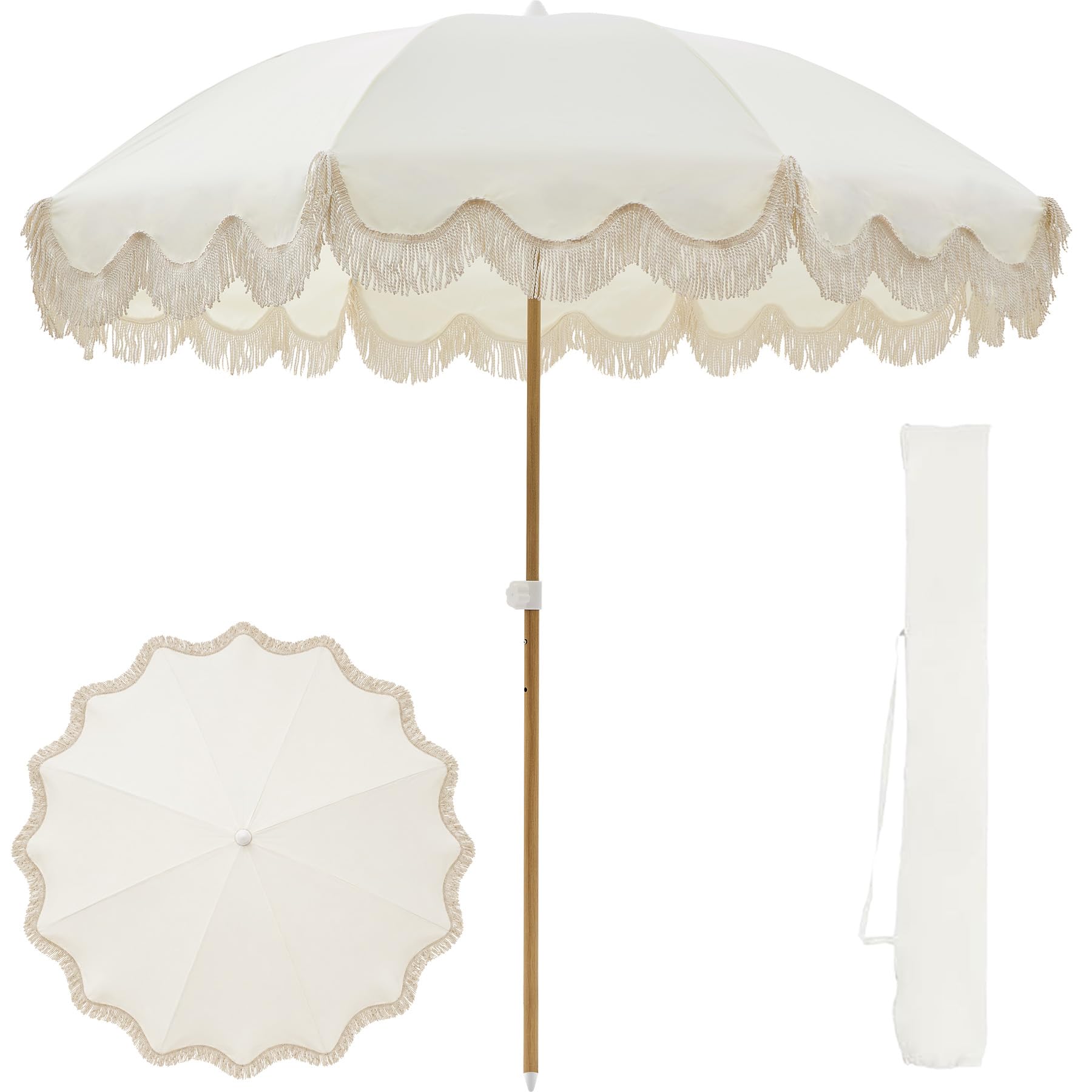 Kbrellaoutlets front view of boho umbrella showing fringe and full canopy for stylish shade