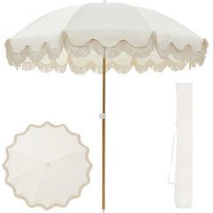 Kbrellaoutlets front view of boho umbrella showing fringe and full canopy for stylish shade