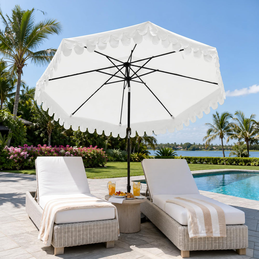 Kbrellaoutlets lifestyle scene by pool showing decorative umbrella enhancing outdoor area