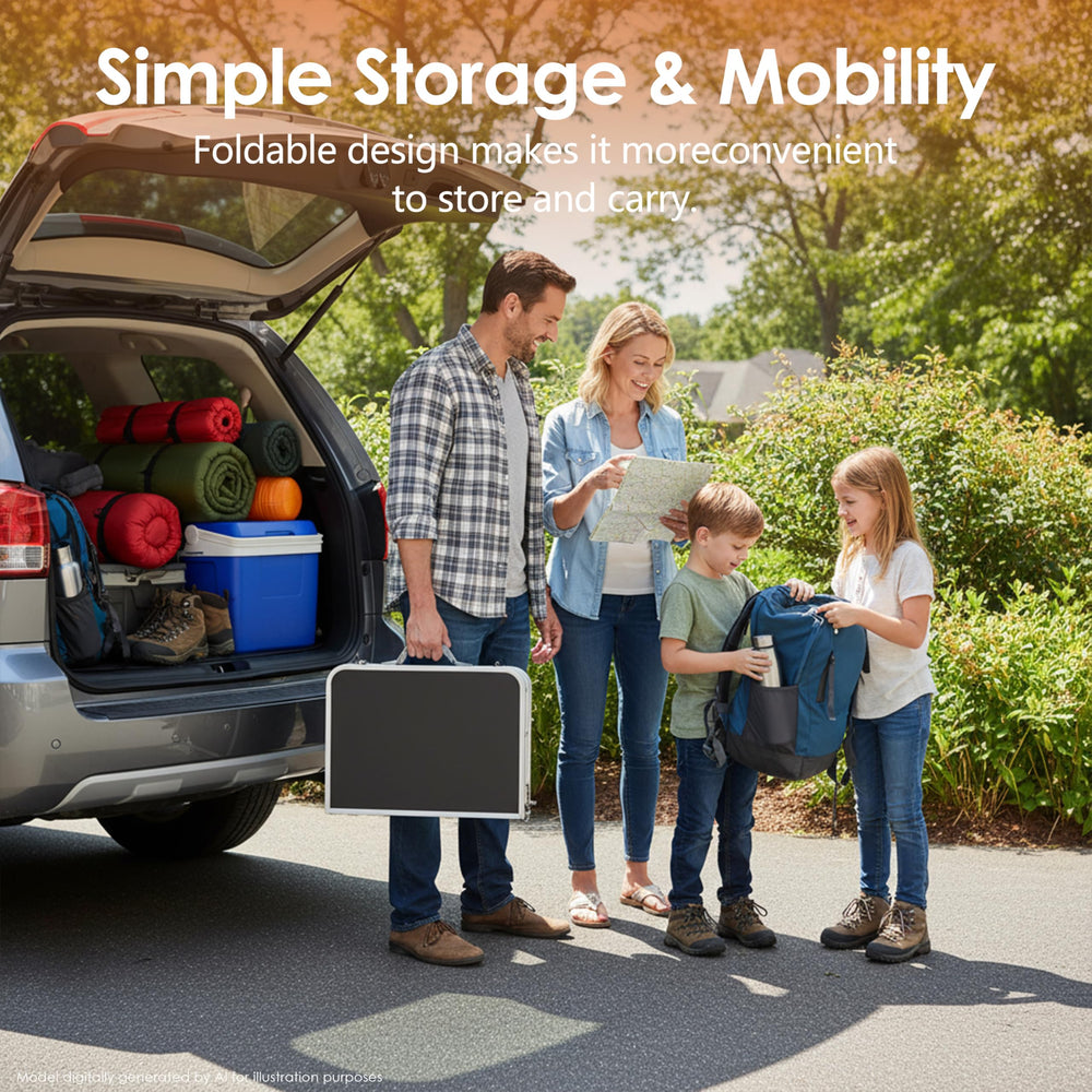 Kcmploro compact in car trunk showing easy transport and space saving