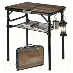 Kcmploro front view showing weathered brown tabletop and sturdy legs for portability