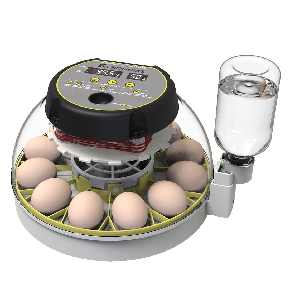 KEBONNIXS incubator front view showing compact design and clear benefits