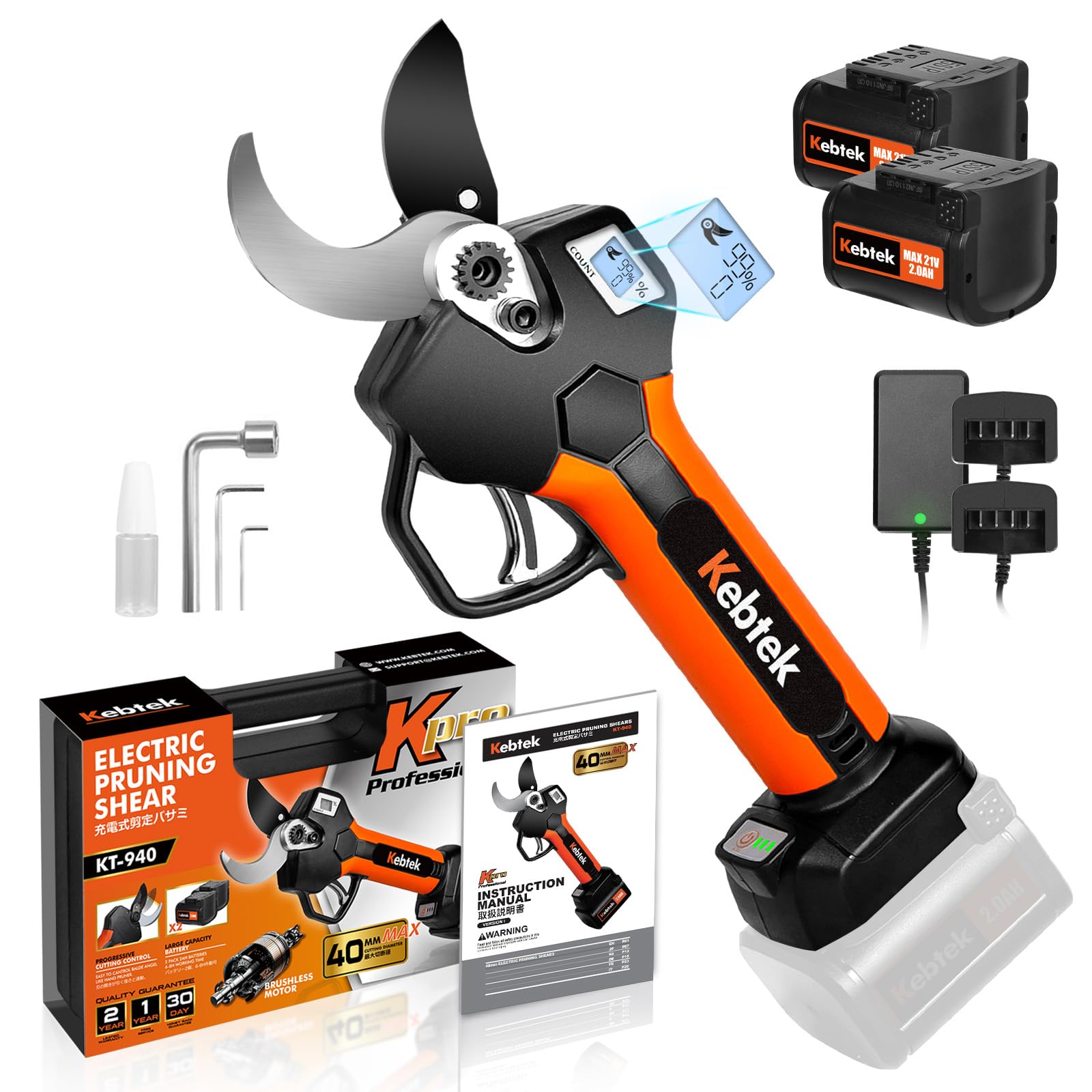 Kebtek front view of cordless pruner showing ergonomic grip and compact body for comfort