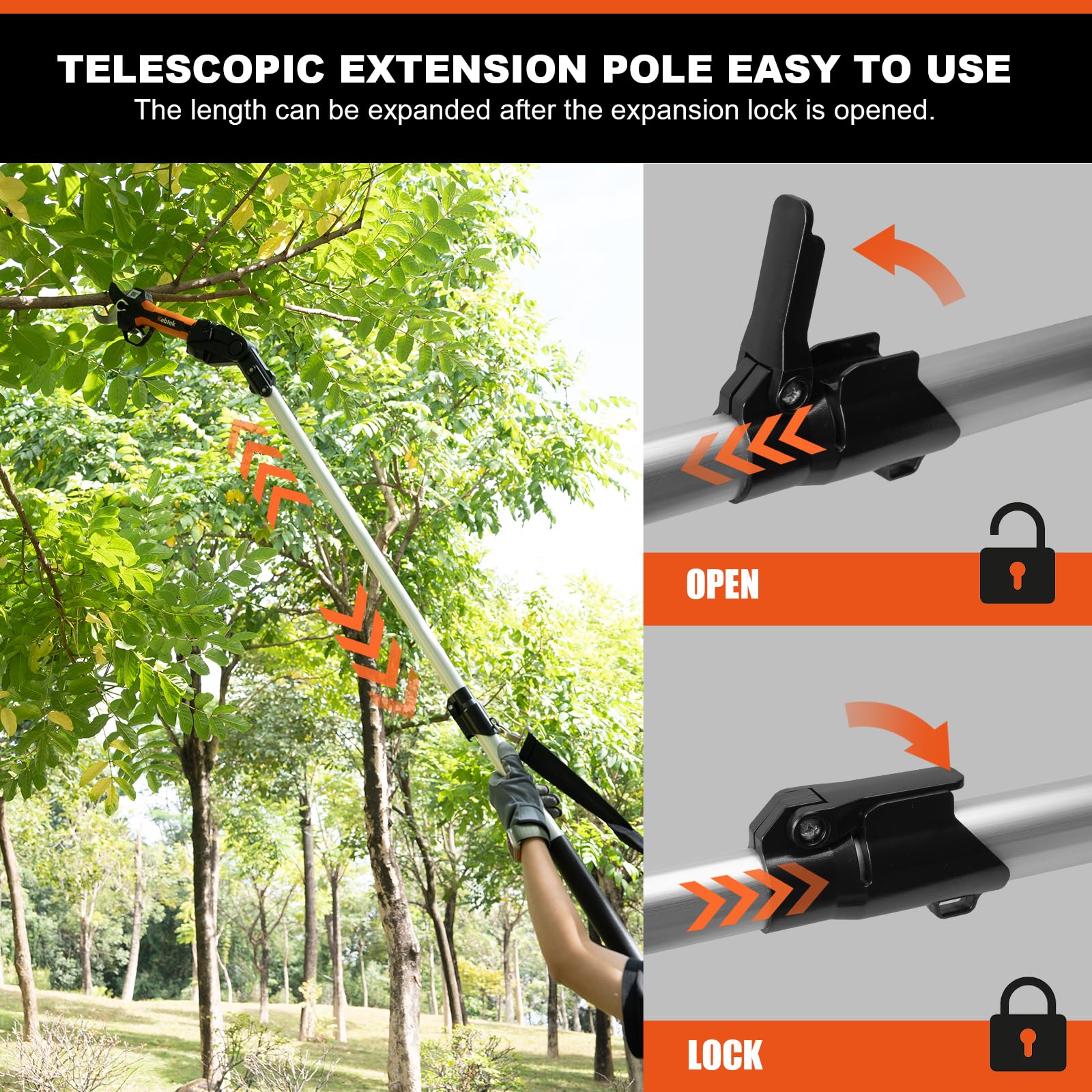 Kebtek pole attached to pruner illustrating extended reach for high branches