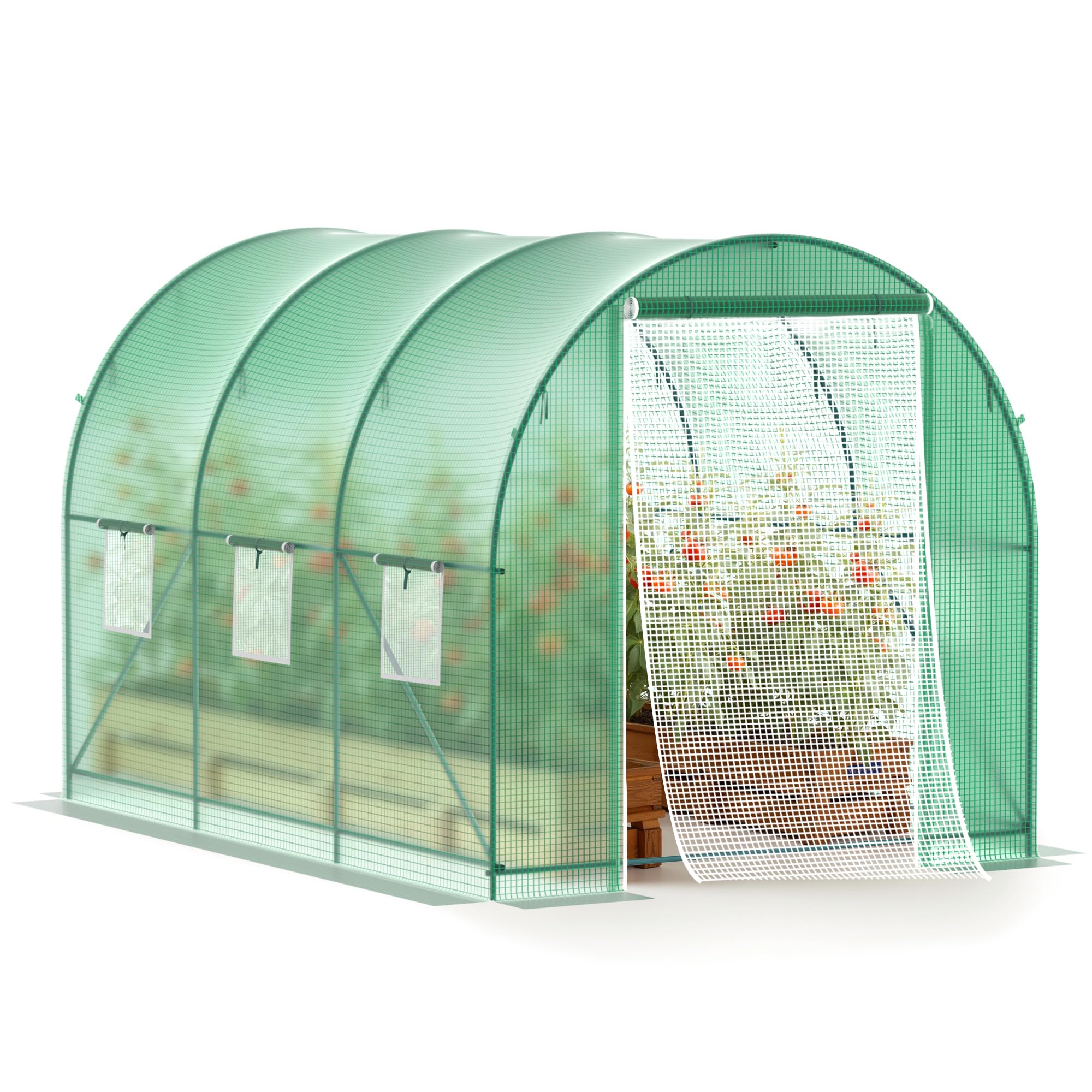 Kecreque greenhouse interior with plants and shelves maximizing growing space