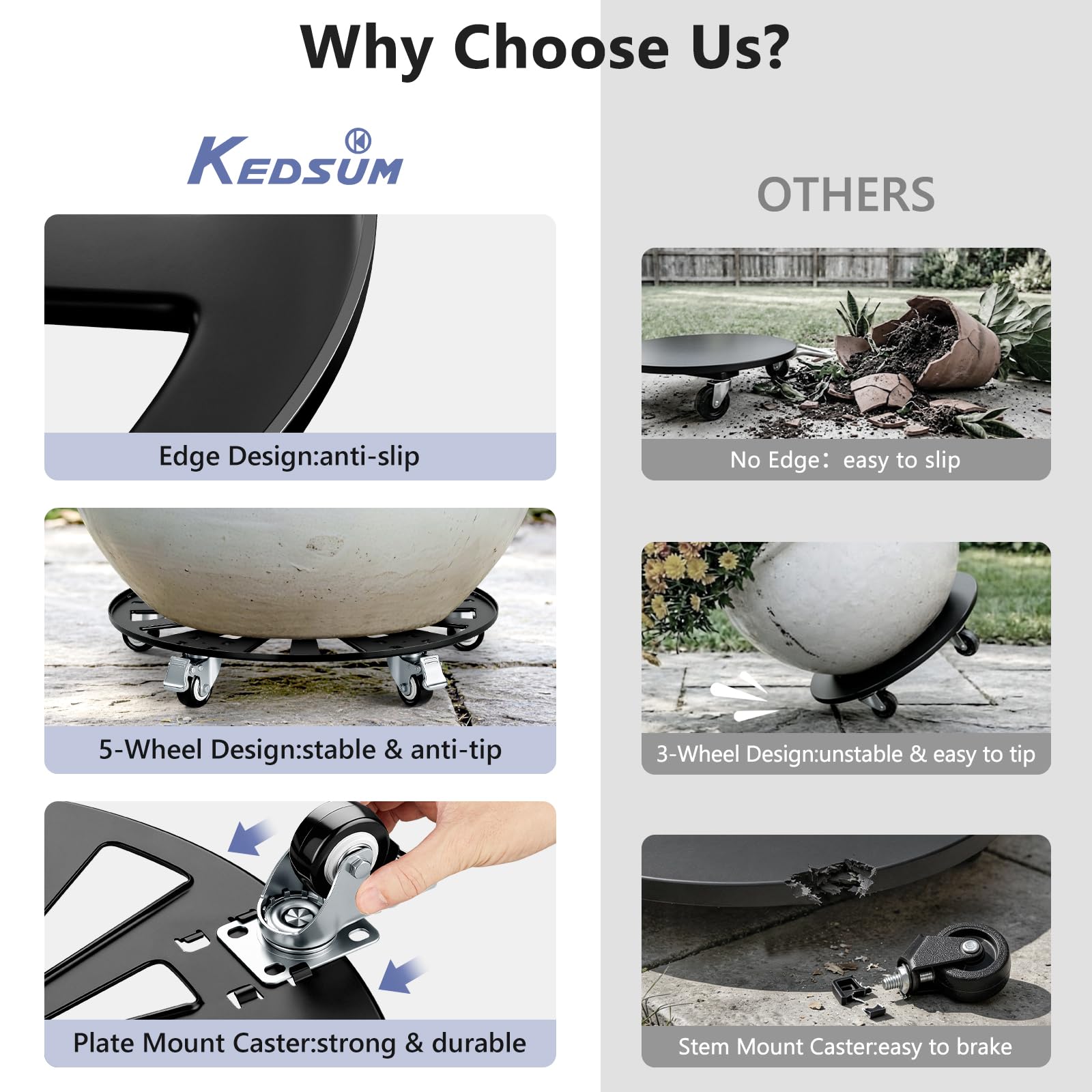 KEDSUM plant caddy next to a large pot to show size and load-bearing scale