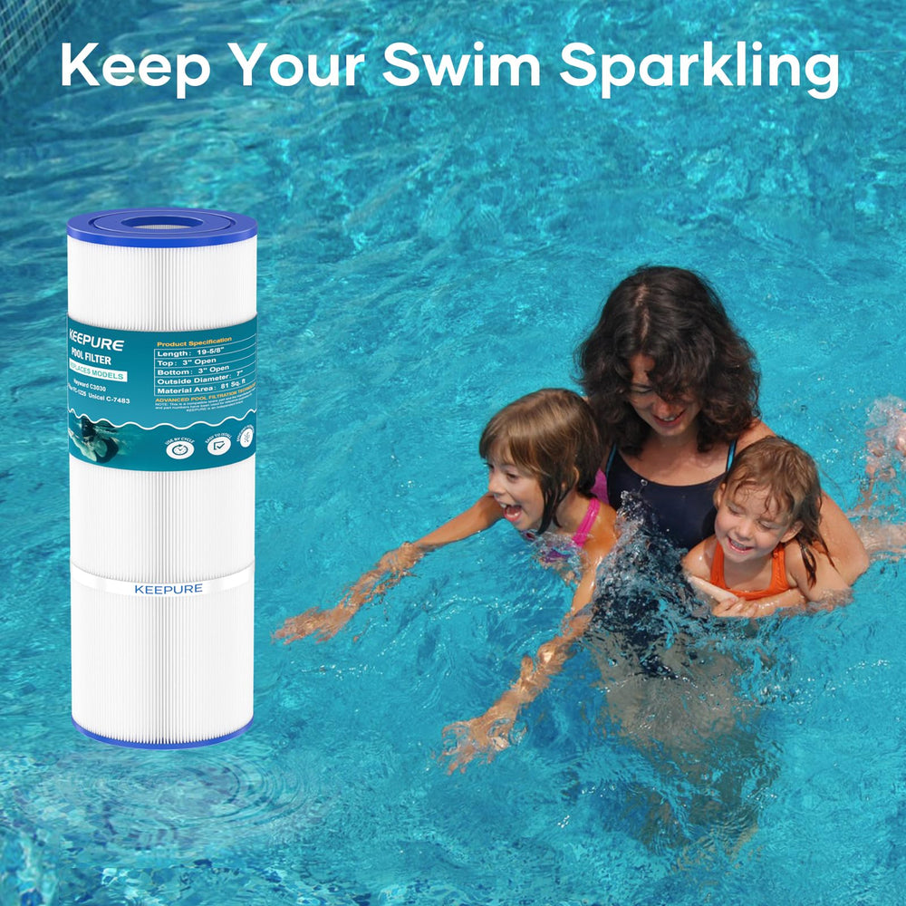 KEEPURE C3030 beside pool skimmer demonstrating improved water clarity and low-maintenance benefit