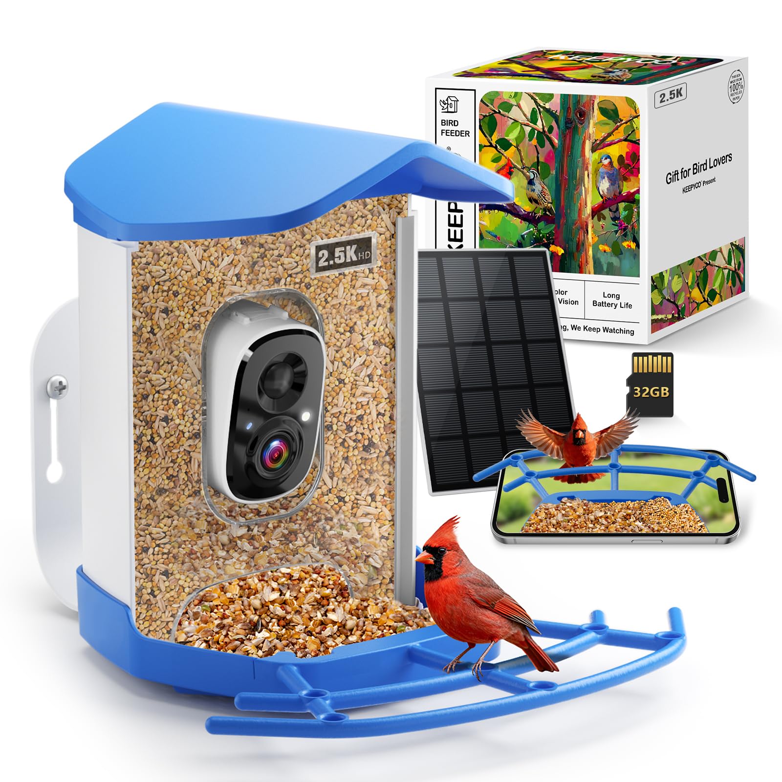 KEEPYOO front view of feeder showing camera and weatherproof body, easy outdoor monitoring