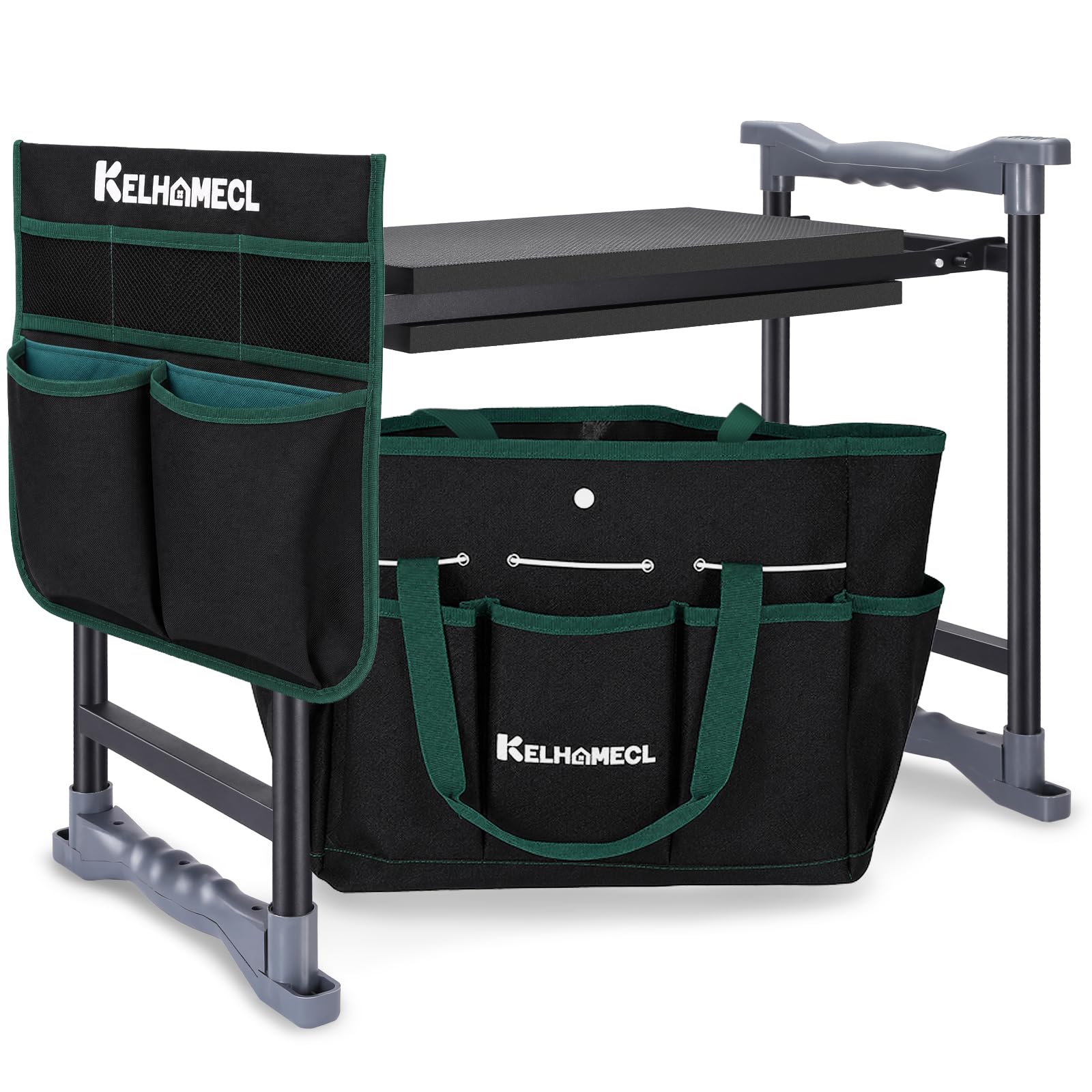 KELHOMECL front view of kneeler seat showing foldable bench and wide pad for comfort