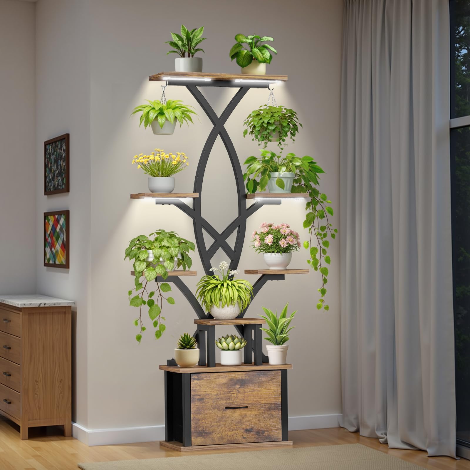 KELHOMECL front view of full 8-tier plant stand with lights and pots, saves floor space