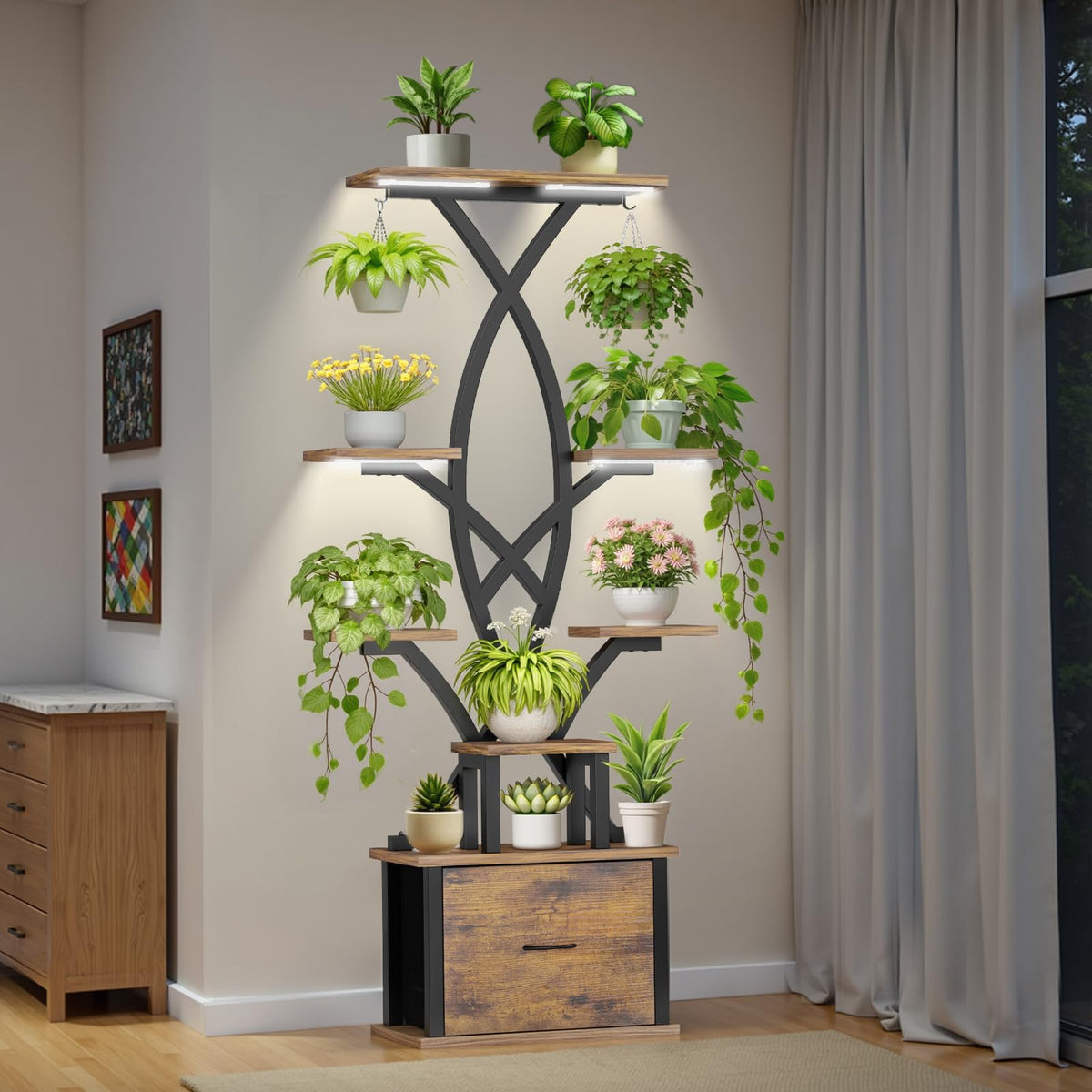 KELHOMECL front view of full 8-tier plant stand with lights and pots, saves floor space