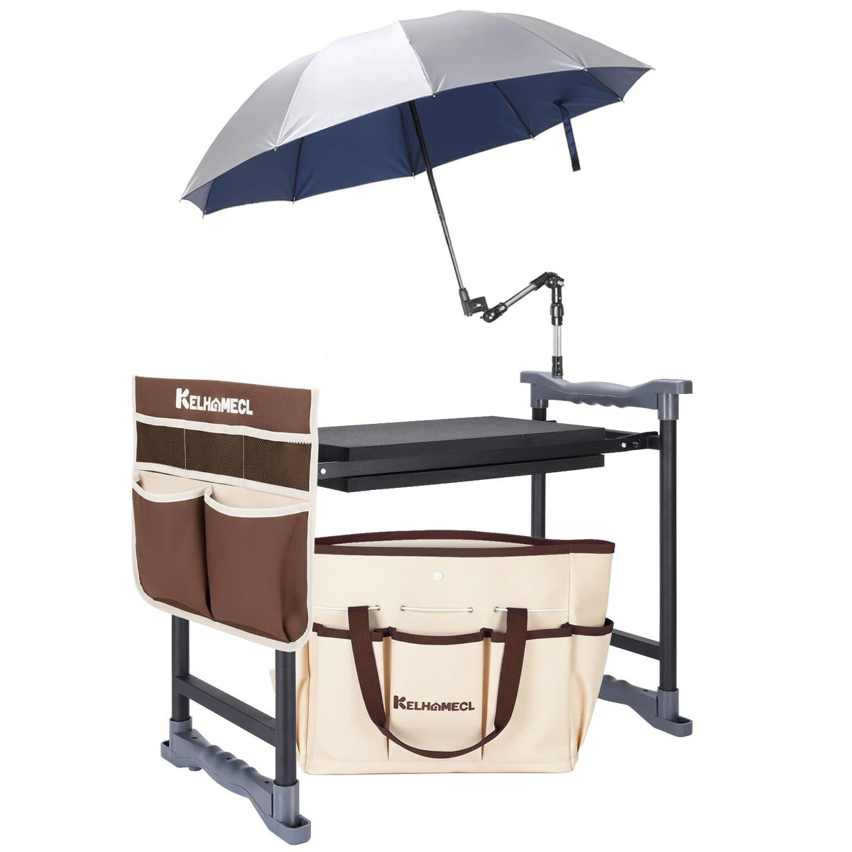 KELHOMECL front view showing bench and umbrella for comfortable gardening