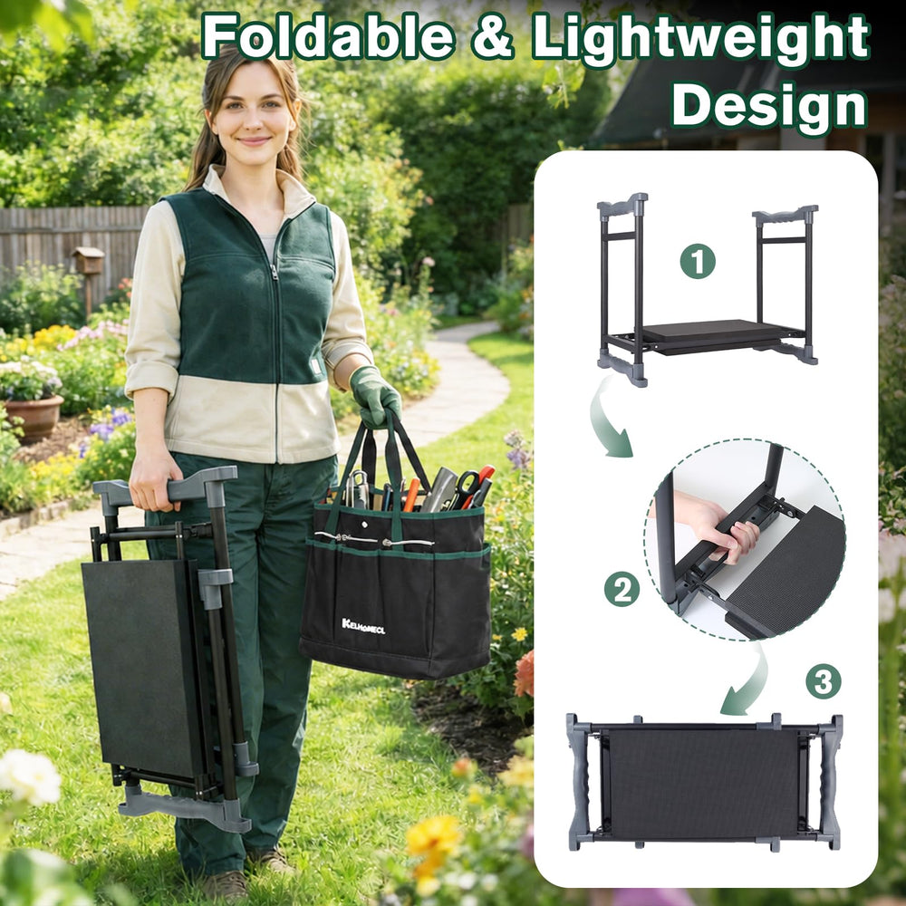 KELHOMECL in-use kneeler with gardener easing knee pressure while weeding plants
