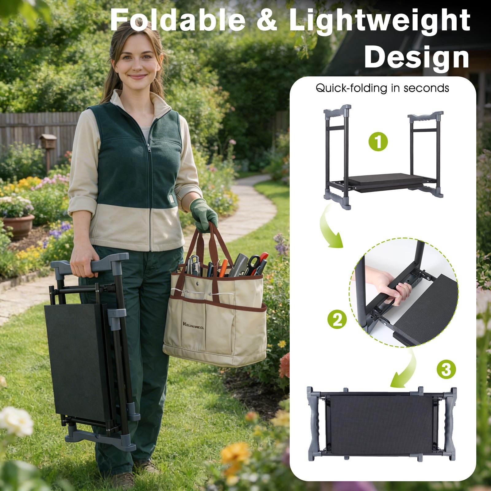 KELHOMECL shown with gardener for size and weight-support demonstration