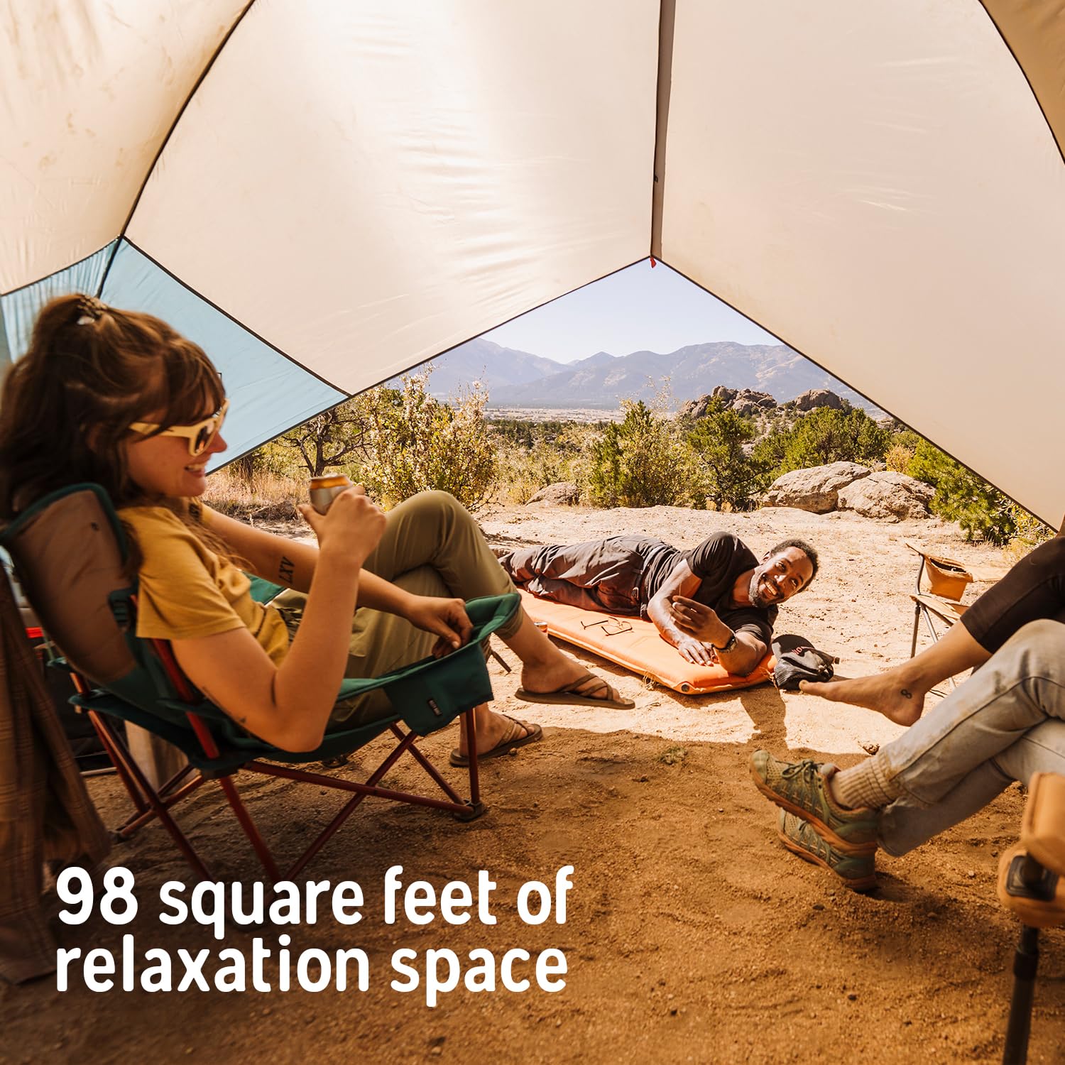 Kelty Sunshade interior showing spacious 78 sq ft area for comfortable group use
