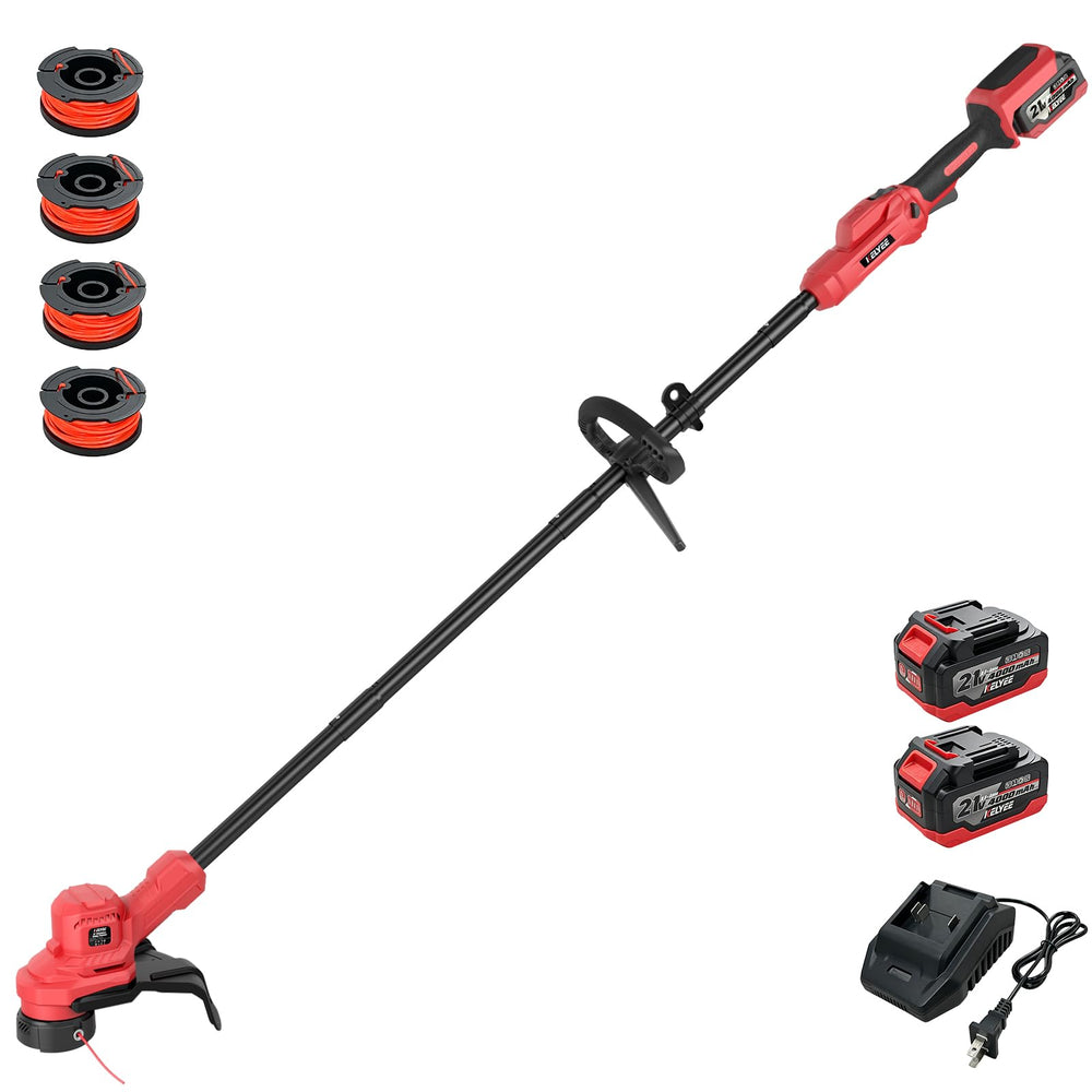 kelyee front view of weed wacker showing full tool and included accessories for easy setup