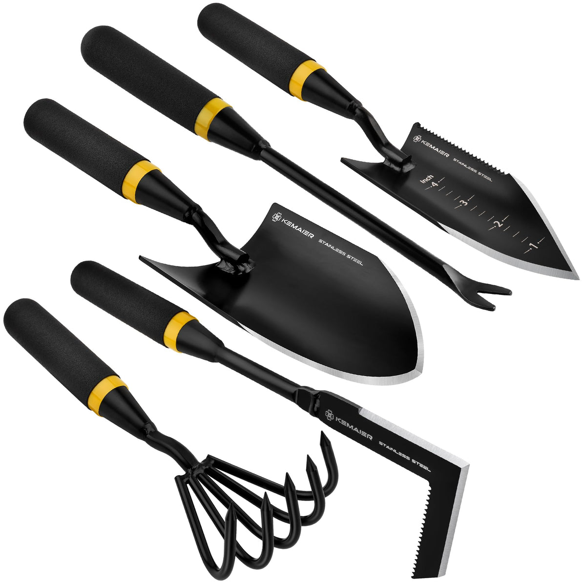 Kemaier front view of five stainless steel tools showing complete kit and versatility