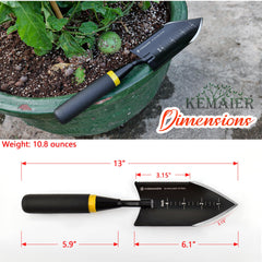 Kemaier serrated trowel close-up showing sharp edge and easy root cutting benefit