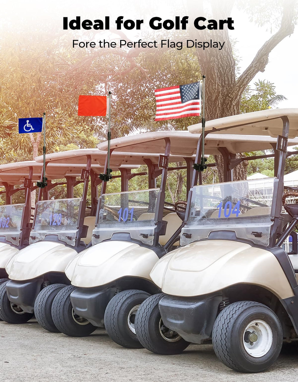 KEMIMOTO on golf cart lifestyle shot showing proud flag display while driving