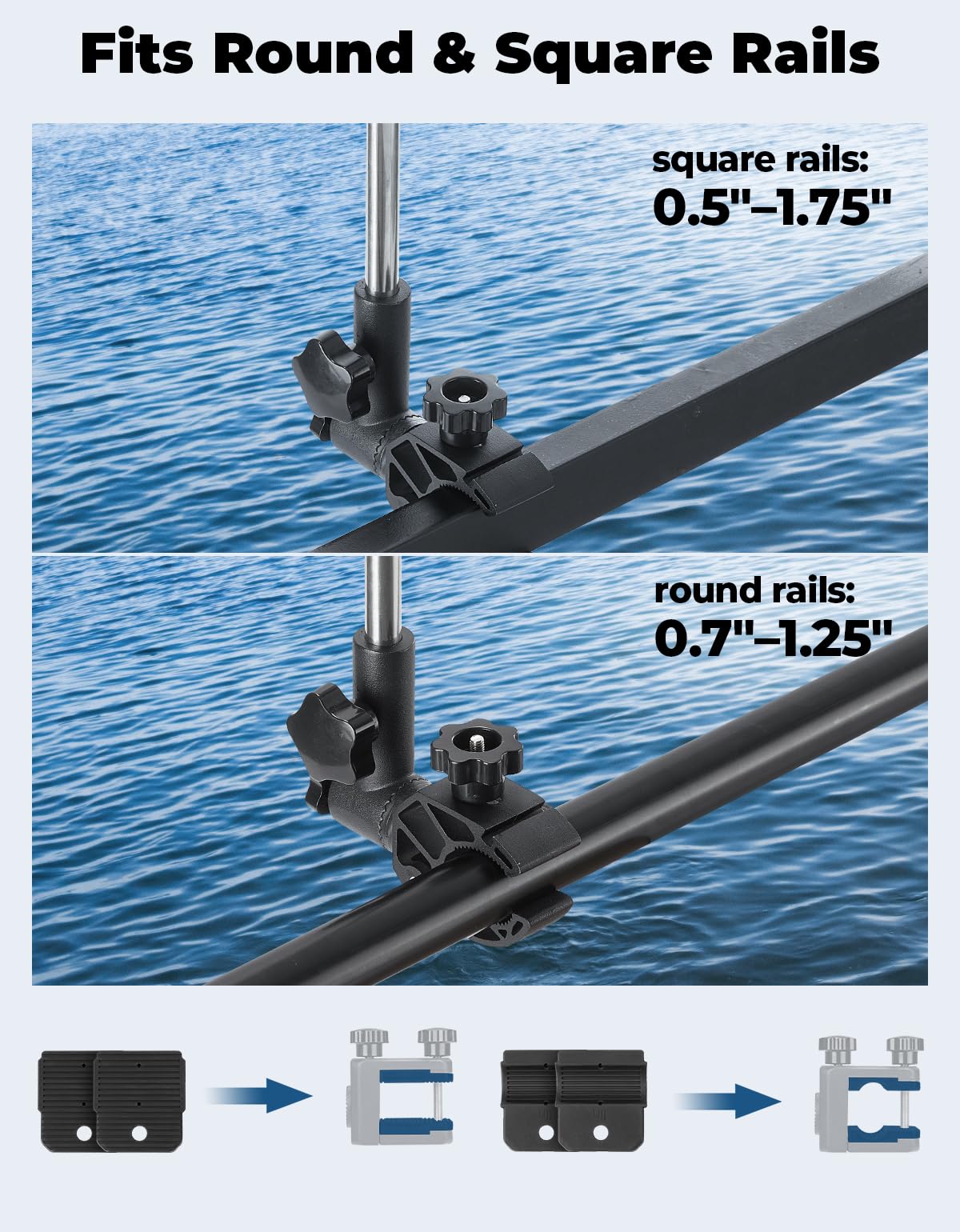 KEMIMOTO mounted on pontoon rail showing secure clamp and tidy flag display