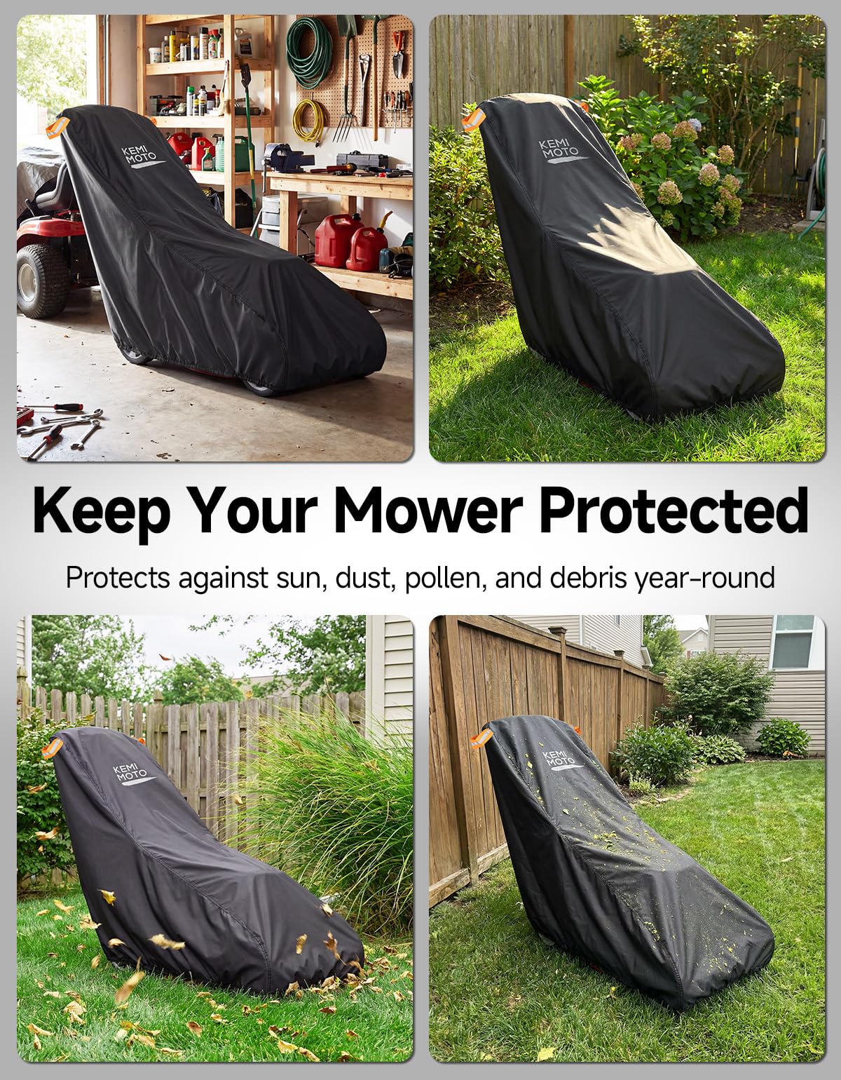 KEMIMOTO cover on mower in garage demonstrating neat storage