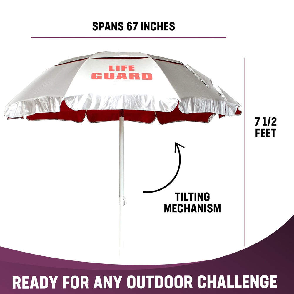 Kemp USA umbrella mounted on lifeguard chair demonstrating elevated coverage