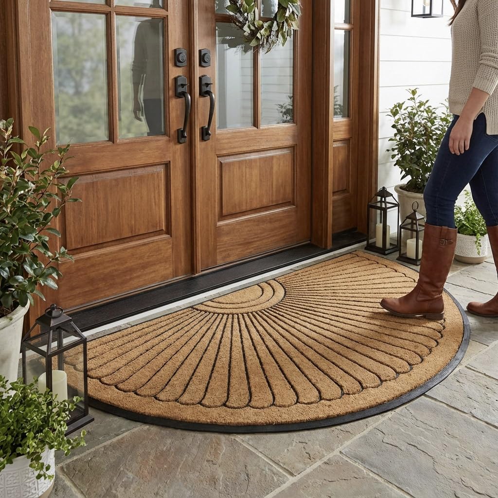 Kempf front view of sunburst half round doormat showing welcoming entrance benefit