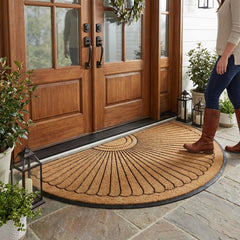 Kempf front view of sunburst half round doormat showing welcoming entrance benefit