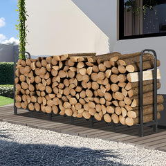 Kendane front view of 8ft firewood rack shows sturdy, space-saving storage benefit