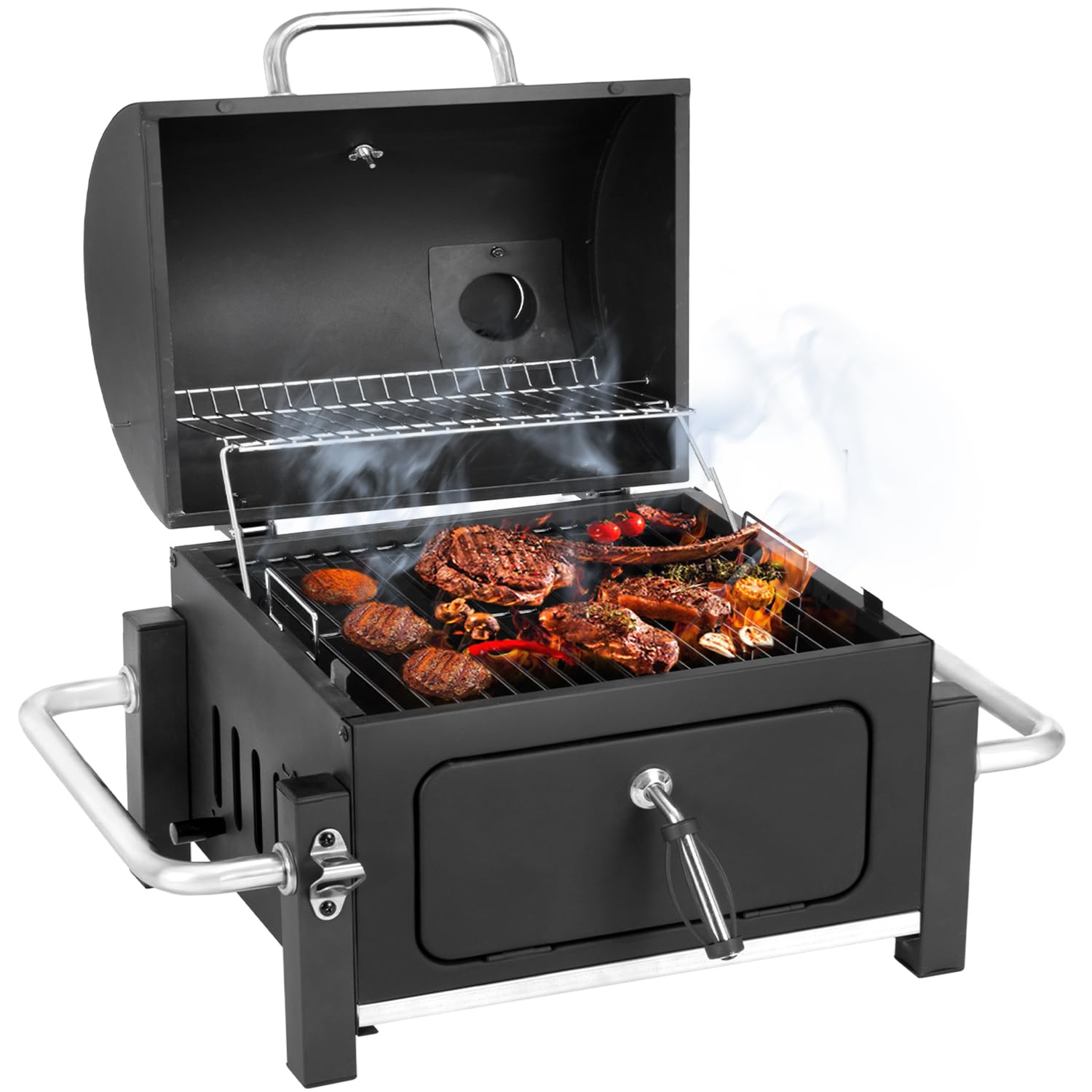 Kendane portable charcoal grill front view showing compact tabletop design and cooking area