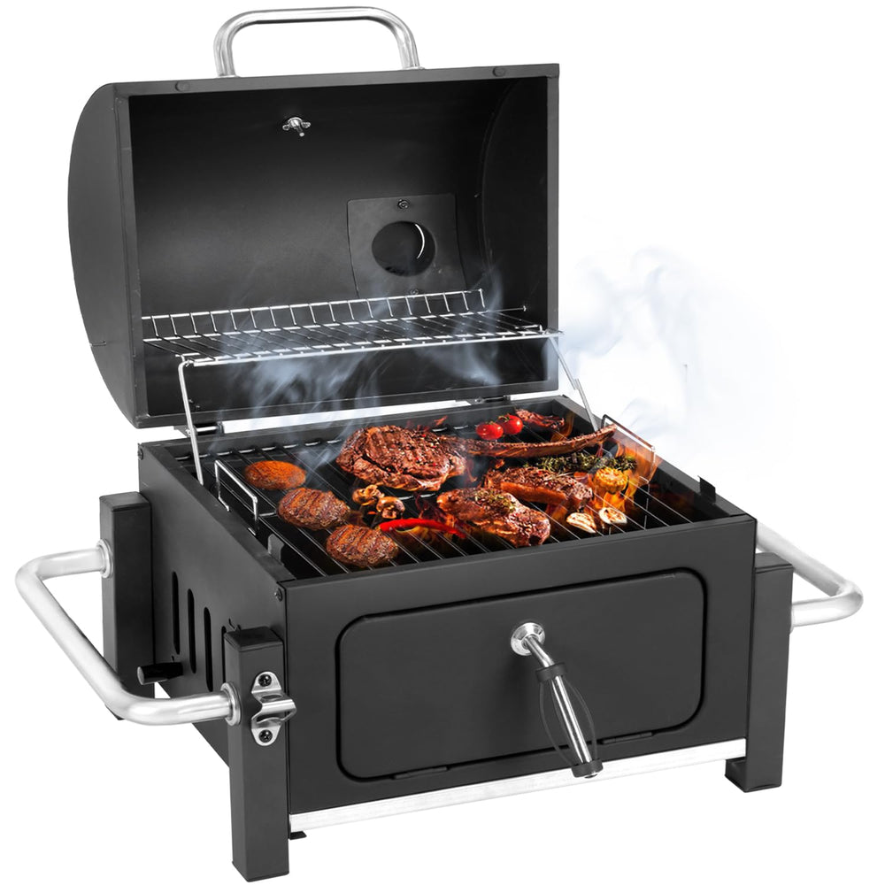 Kendane portable charcoal grill front view showing compact tabletop design and cooking area