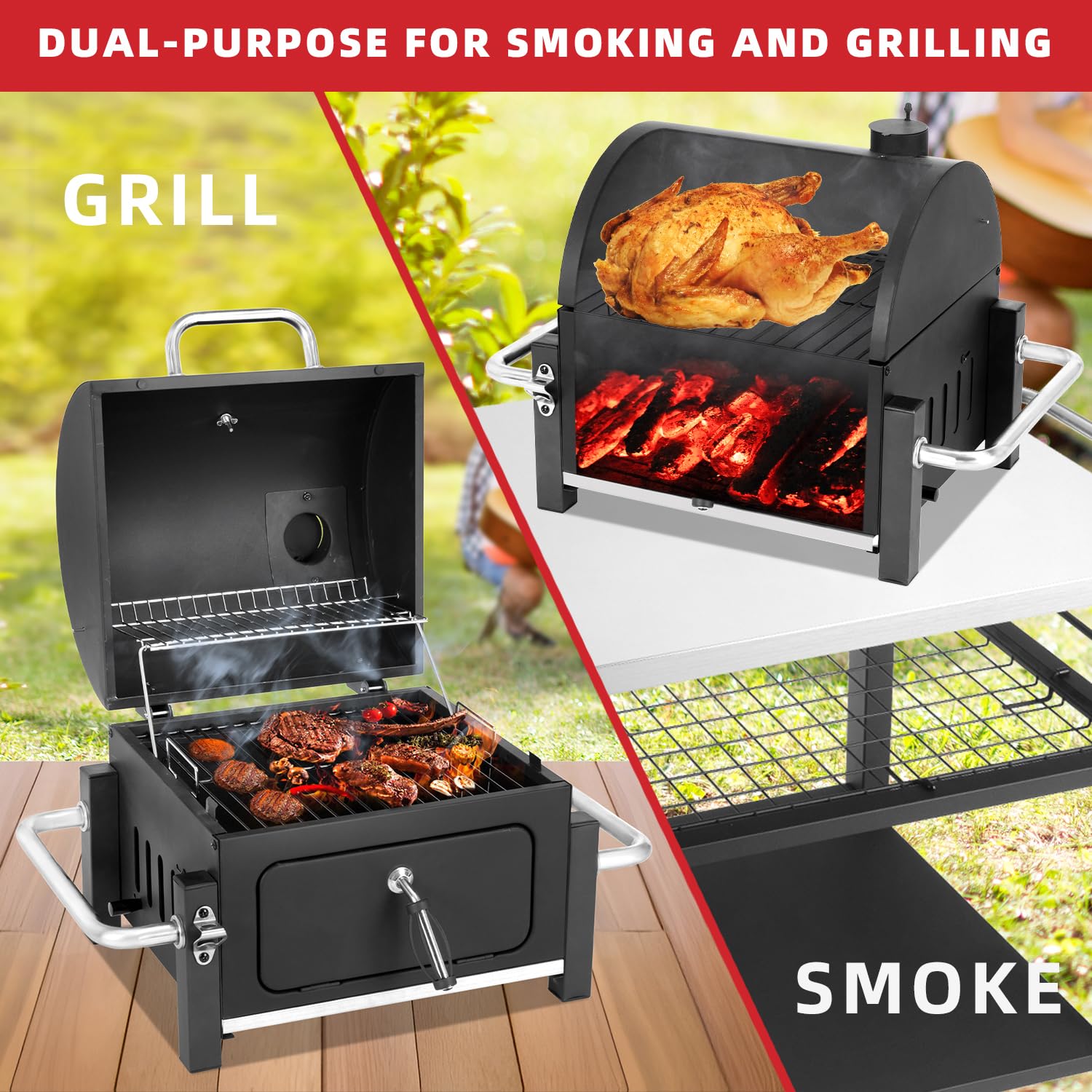 Kendane grill open with burgers and sausages demonstrating even searing and grilling capacity