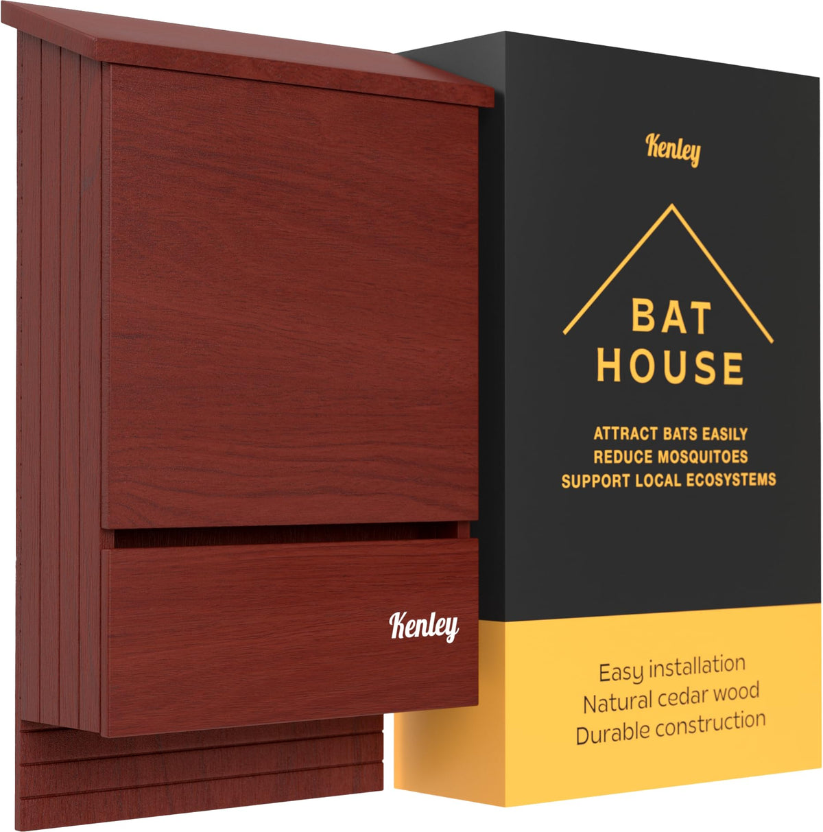 Kenley bat house front view showing weatherproof cedar and double chamber benefit