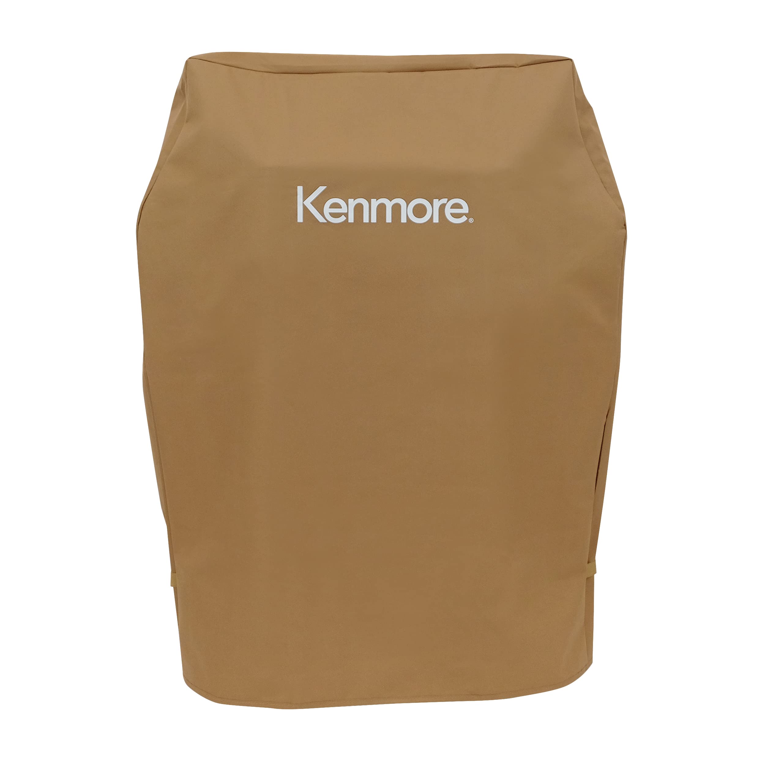 Kenmore front view of full tan cover protecting grill and preventing weather damage