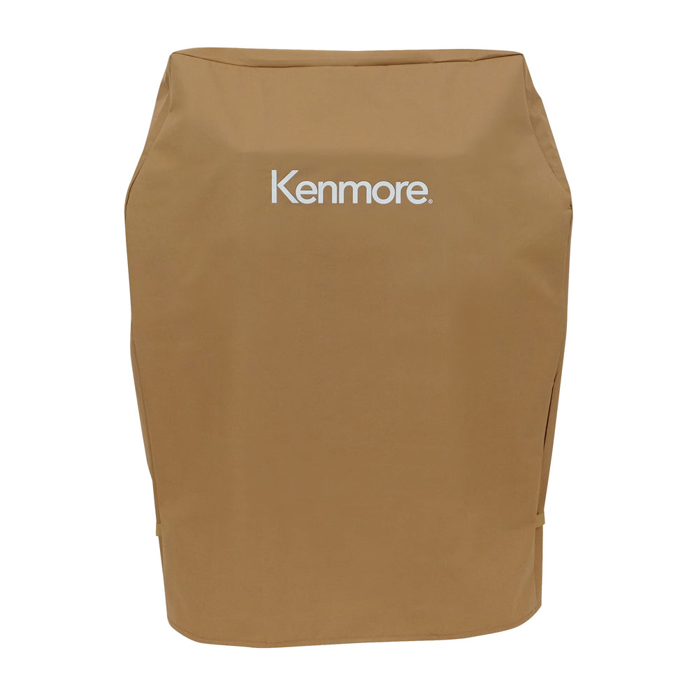 Kenmore front view of full tan cover protecting grill and preventing weather damage