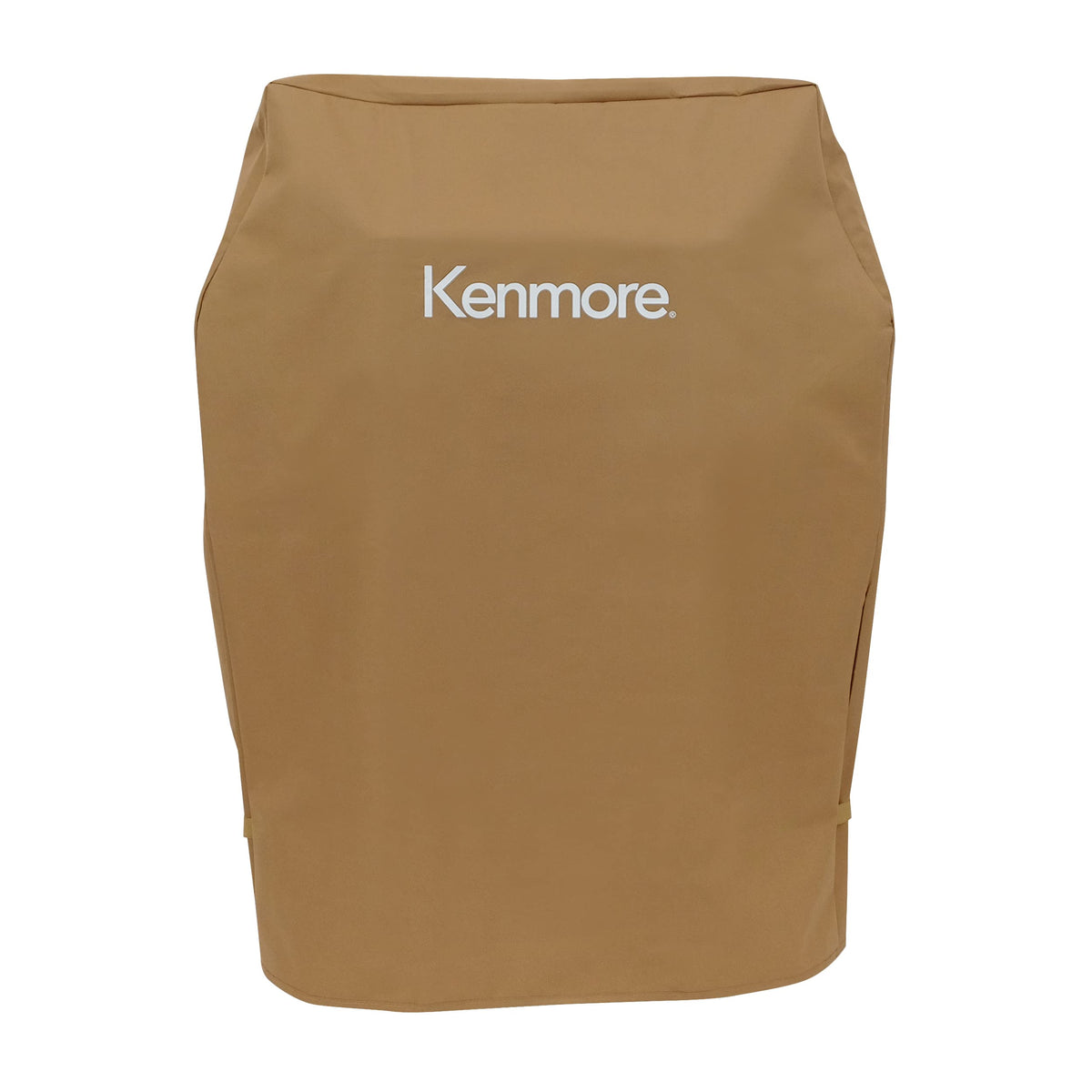 Kenmore front view of full tan cover protecting grill and preventing weather damage
