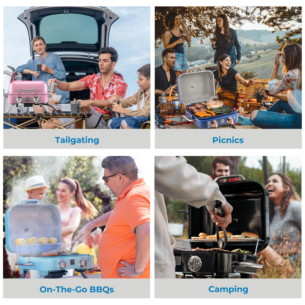 Kenmore portable grill in a camping setup showing on-the-go cooking convenience benefit