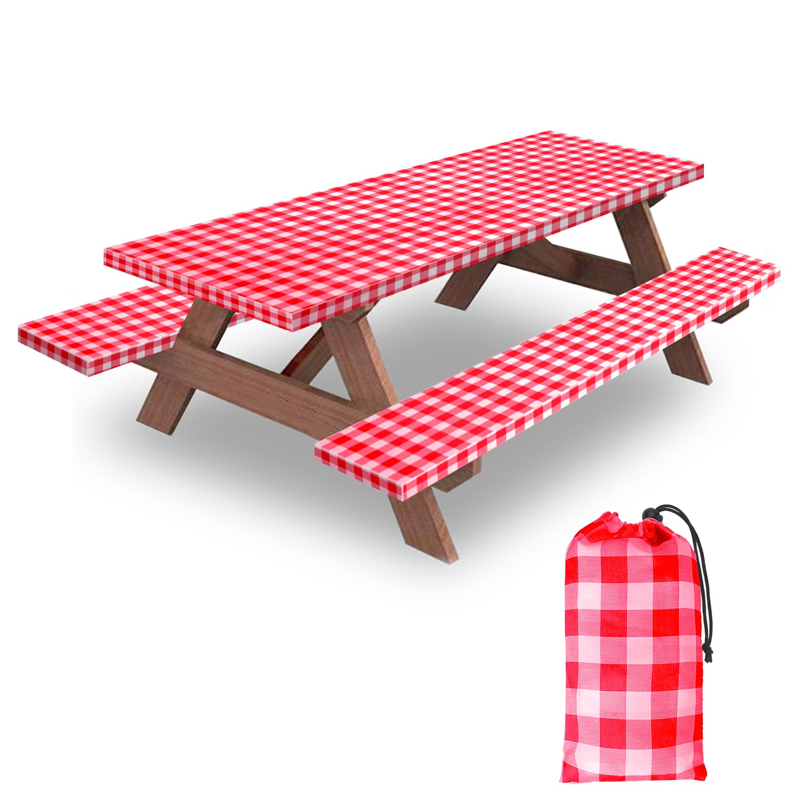 KENOBEE front view of 3-pack picnic table and bench covers showing pattern and fit benefits