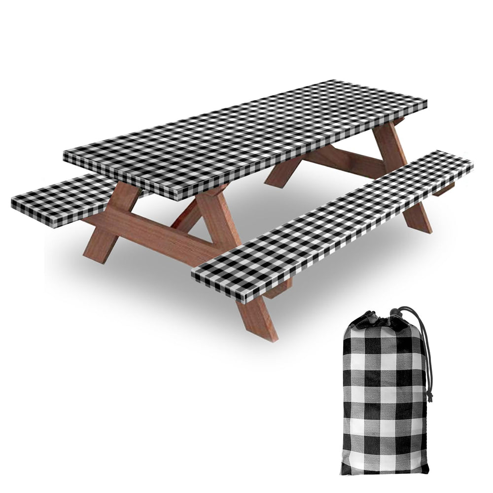 KENOBEE front view of 8ft picnic table cover showing full checkered fit and protection